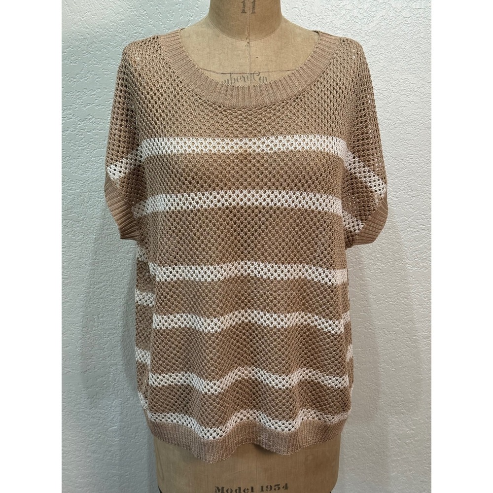 Ann Taylor Factory Womens Tan White Striped Crochet Open Knit Sweater Top L